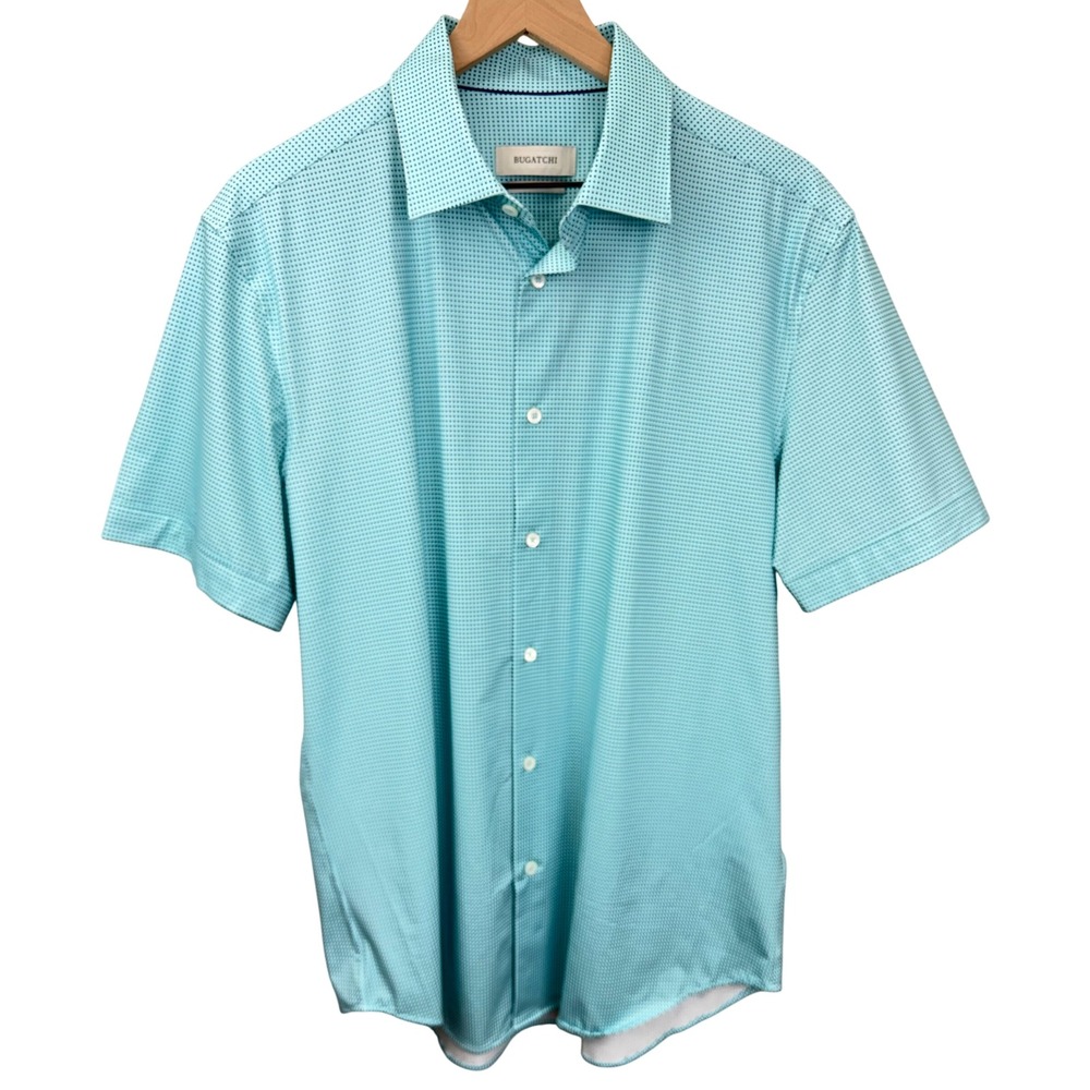 Bugatchi Mens Size L Short Sleeve Button Down Shirt Mint Green Micro Dot Stretch